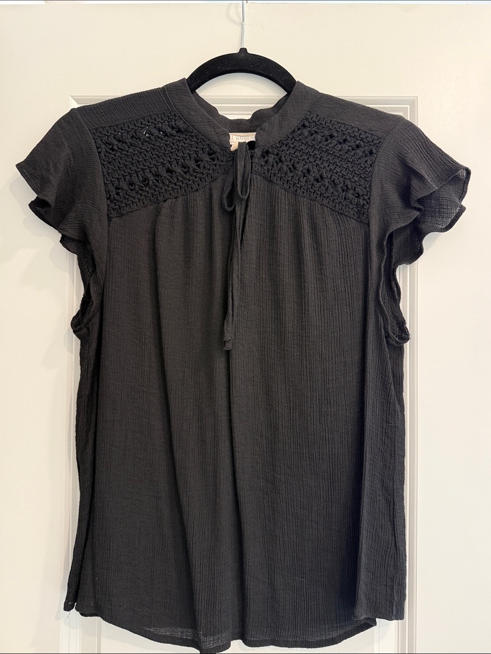 Black Crochet Yoke Tie-Neck Women's Top
